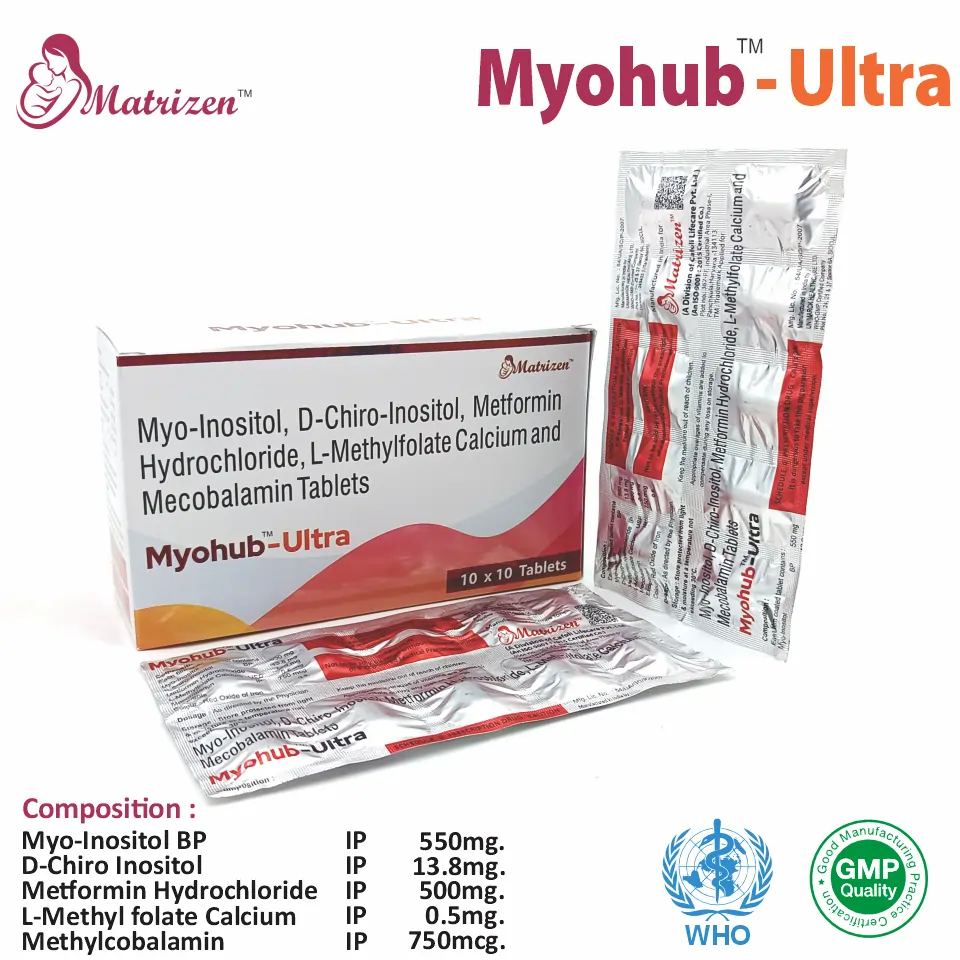 Myo-Inositol 550mg + D-Chiro Inositol 13.8mg + Metformin 500mg + L-Methyl Folate 0.5mg + Methylcobalamin 750mcg | PCOS Support | Best Price for PCD Pharma Franchise